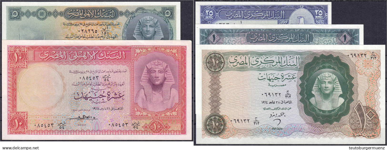 5 Scheine Zu 25 Piaster, 1, 5 Und 2x 10 Pounds 1958 - 1966. I Bis II+ Pick 31, 32, 35, 37, 41. - Egypte