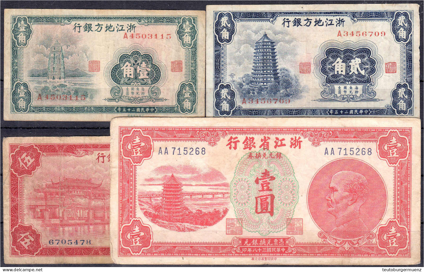 Chekiang Provincial Bank, 10, 20 U. 50 Cents Und 1 Yuan 1936-1949. III. Pick S0866, S0877, S0878, S0879. - Cina