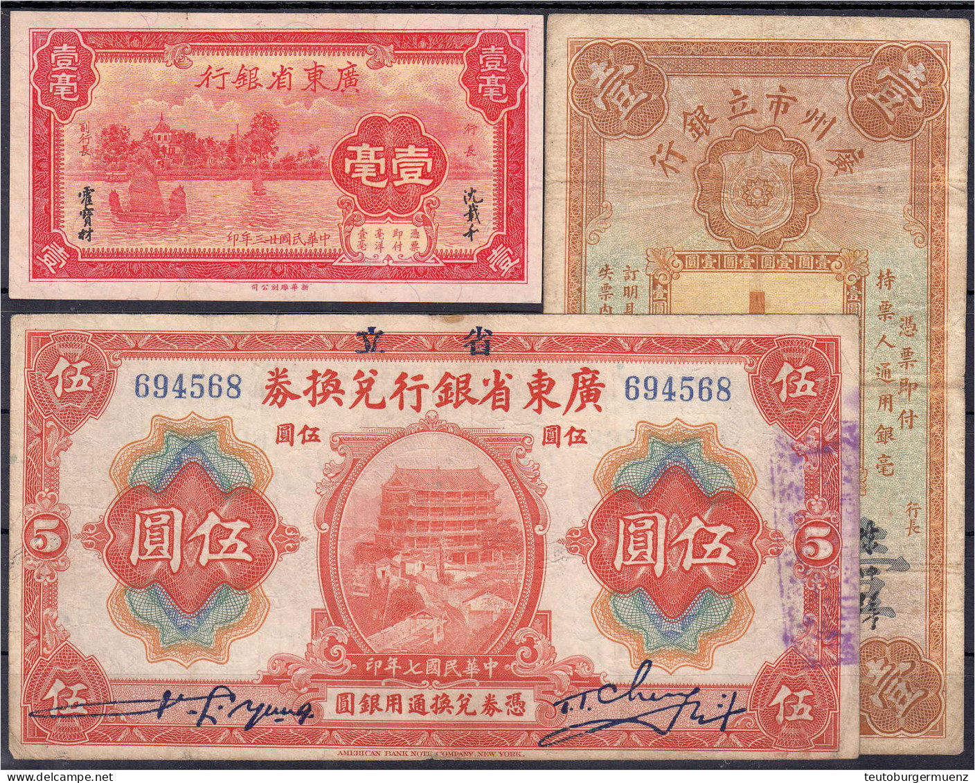 3 Stück: Provincial Bank Of Kwangtung Province Zu 5 Dollar 1918, Kwangtung Provincial Bank Zu 10 Cents 1934 Und Canton M - China