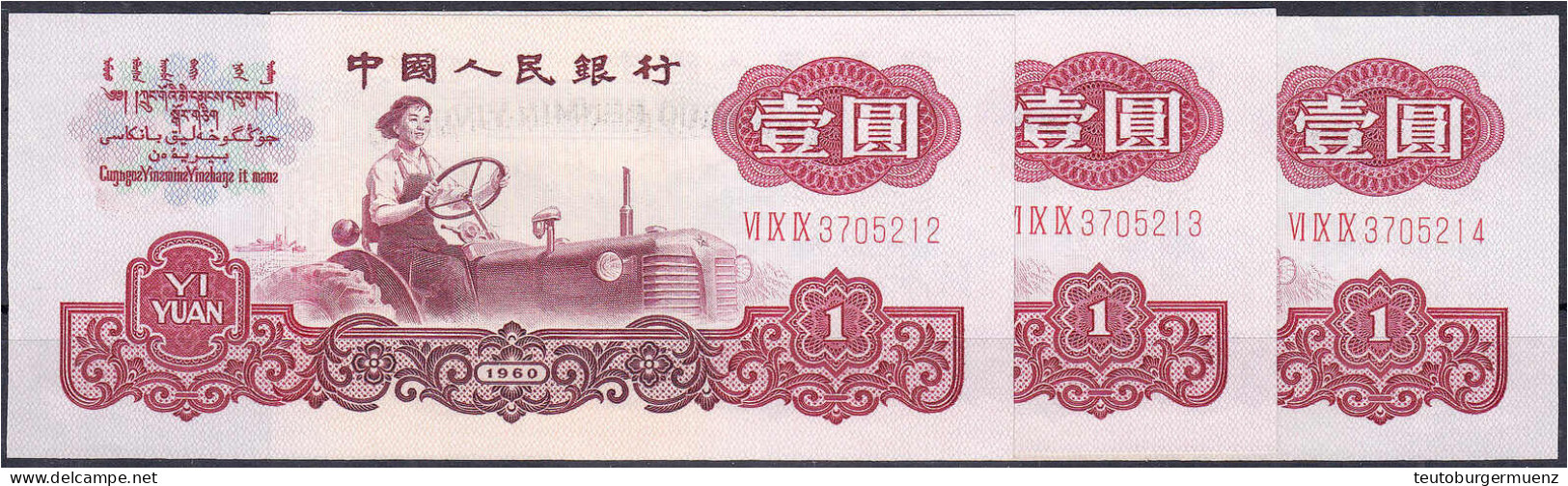 3x 1 Yuan 1960. 3 Römische Zahlen Vor KN. Und Fortlaufende KN. VI IX IX 3705212 - VI IX IX 3705214. I. Pick 874a. - Cina