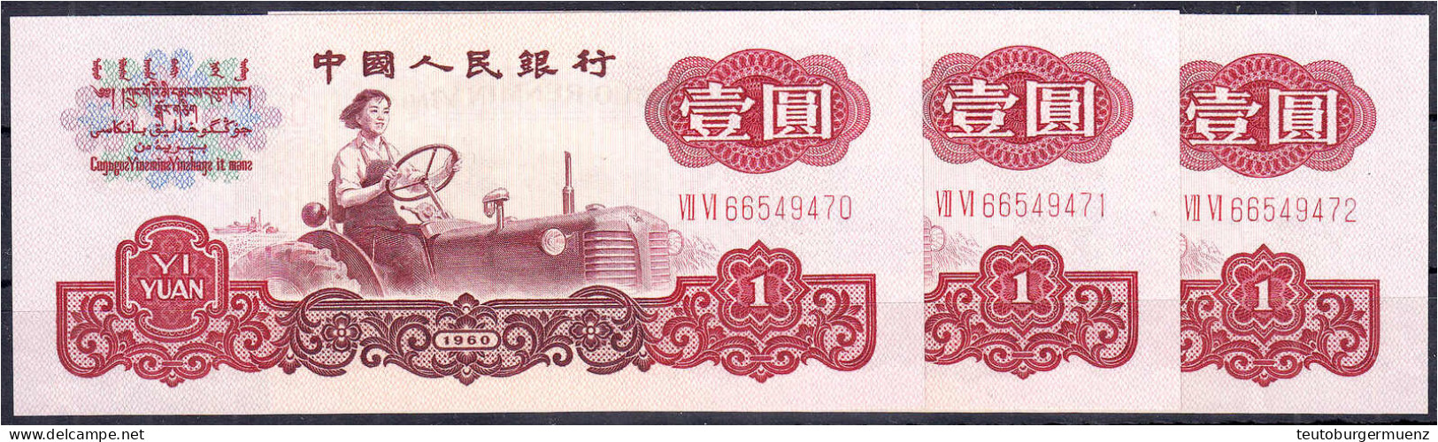 3x 1 Yuan 1960. 2 Römische Zahlen Vor KN. Und Fortlaufende KN. VII VI 66549470 - VII VI 66549472. I. Pick 874c. - China