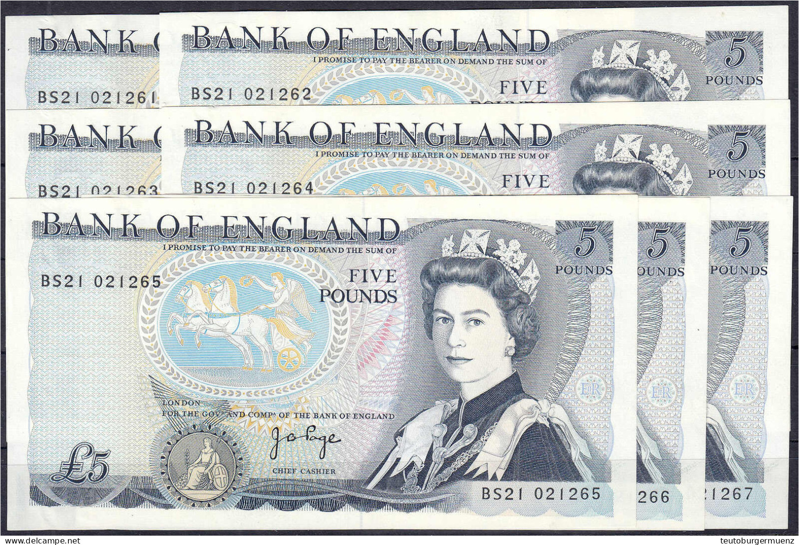 Bank Von England, 7x 5 Pounds O.D. 1978-1991. Fortlaufende KN. BS21 021261 - BS21 021267. I- / II+ Pick 378b. - Altri & Non Classificati