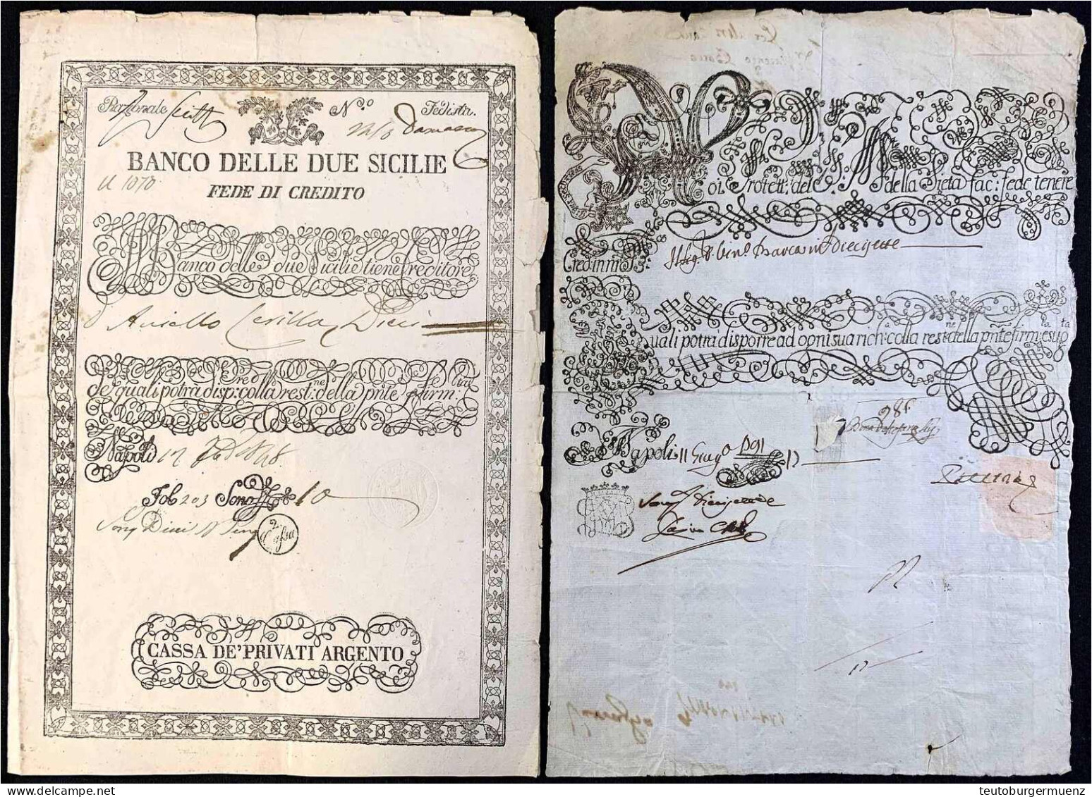 2 Kreditscheine Der Banco Delle Due Sicilie 1806 - 1808. Cassa De Privati Argento. III-IV - Altri & Non Classificati