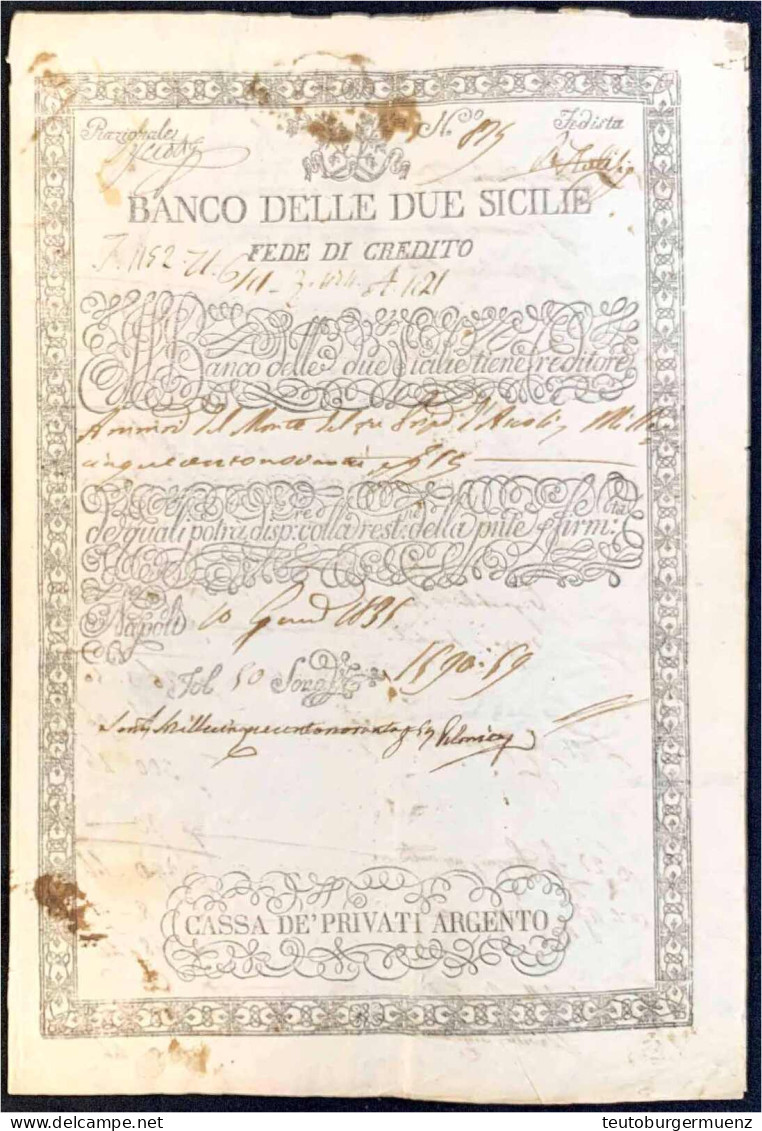 Kreditschein Der Banco Delle Due Sicilie 1806. Cassa De Privati Argento. III, In Der Falte Eingerissen - Andere & Zonder Classificatie