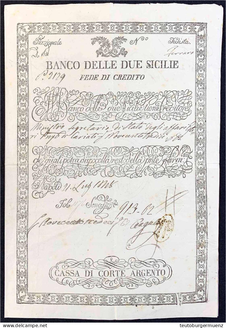 Kreditschein Der Banco Delle Due Sicilie 1808. Cassa Di Corte Argento. III, Kl. Einrisse - Otros & Sin Clasificación