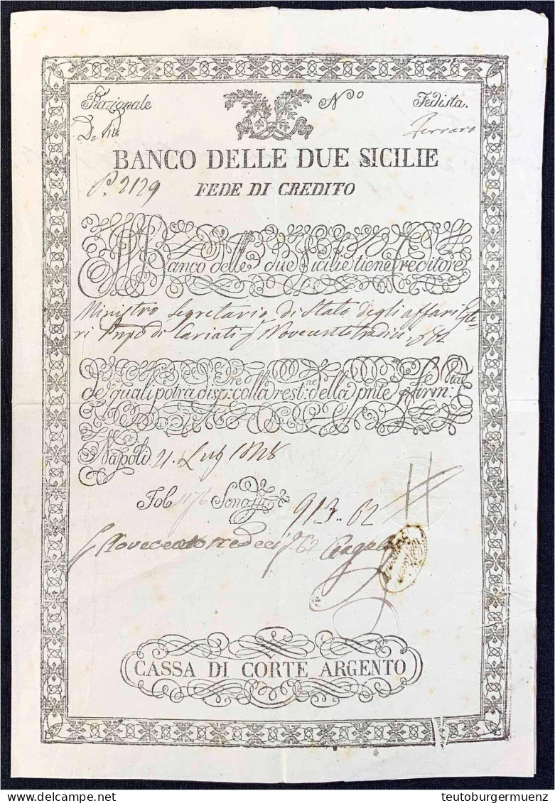 Kreditschein Der Banco Delle Due Sicilie 1808. Cassa Di Corte Argento. III, Kl. Einrisse - Autres & Non Classés