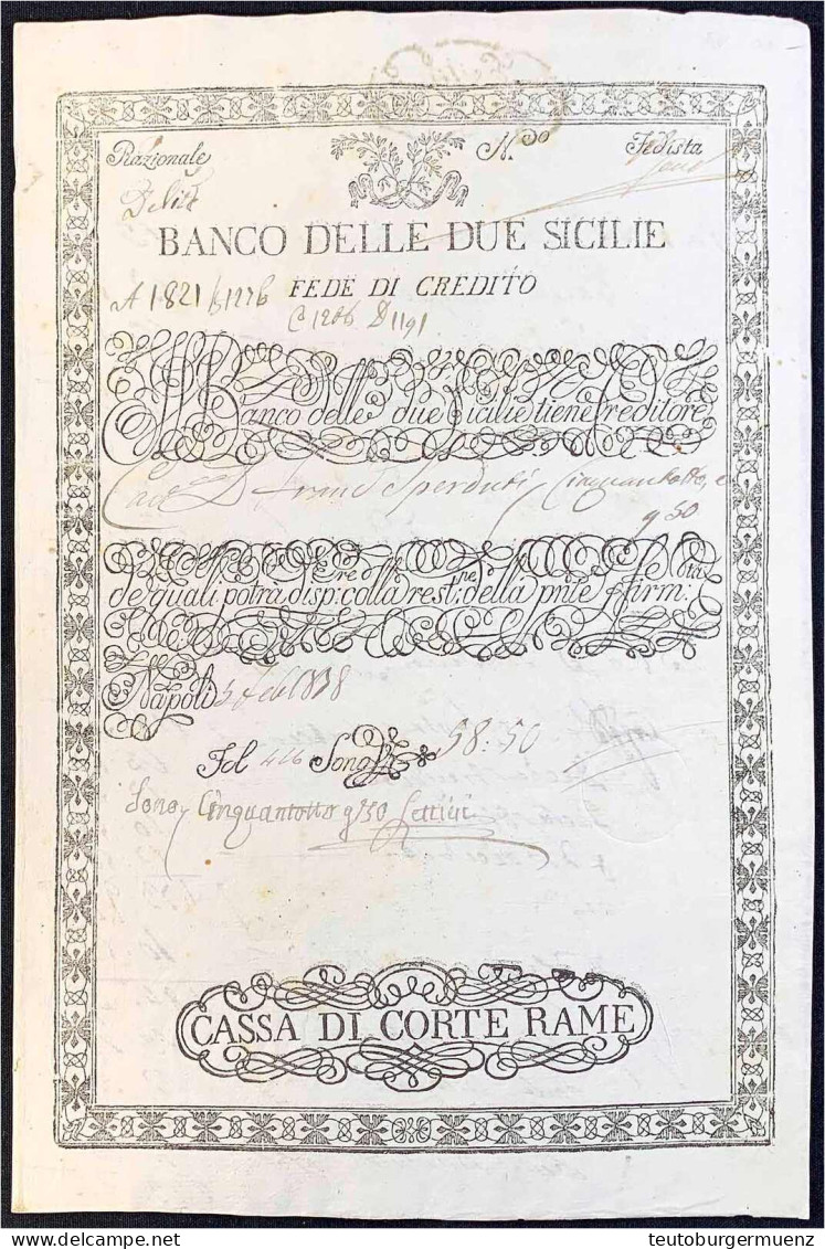 Kreditschein Der Banco Delle Due Sicilie 1808. Cassa Di Corte Rame. III, In Der Falte Eingerissen - Other & Unclassified