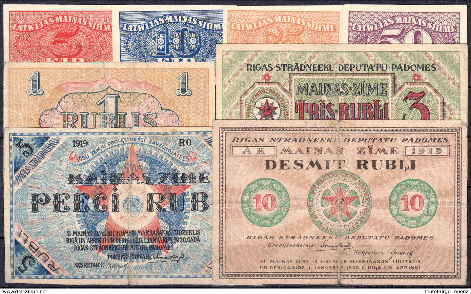 8 Scheine Zu 5, 10, 25, 50 Kapeikas, 1, 3, 5 Und 10 Rubli (1919-1920). I Bis III- Pick 9,10,11,12. - Letland