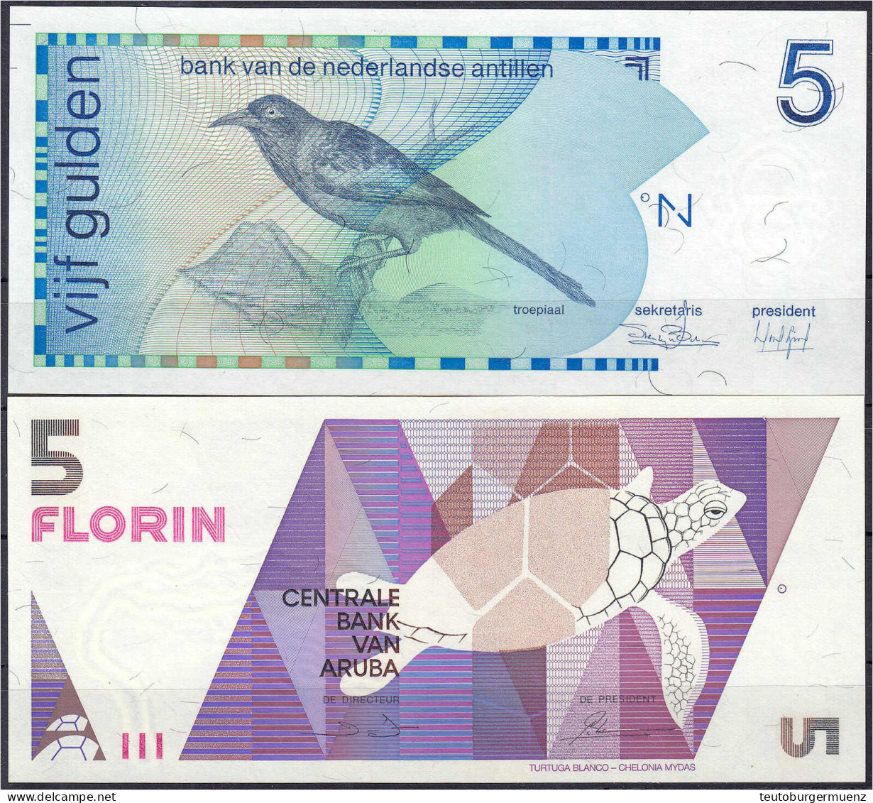 2 Scheine Der Antillen Zu , 5 Gulden Und 5 Florin Aruba 1986 Und 1990 - Other & Unclassified