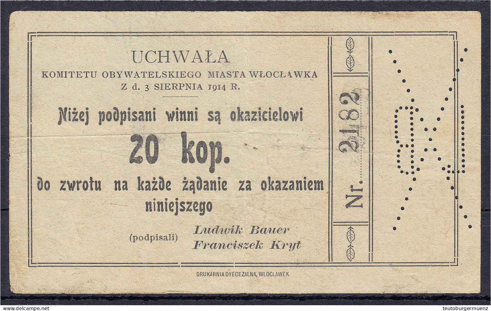 Wloclawka, 20 Kopeks 1914. III. Podczaski R-488. - Pologne