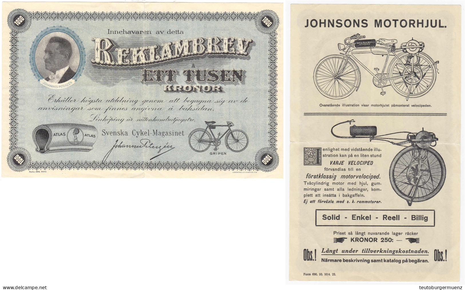 Das Schwedische Fahrradmagazin, Werbeschein Zu 1000 Kronen O.D. II, Eingerissen - Schweden