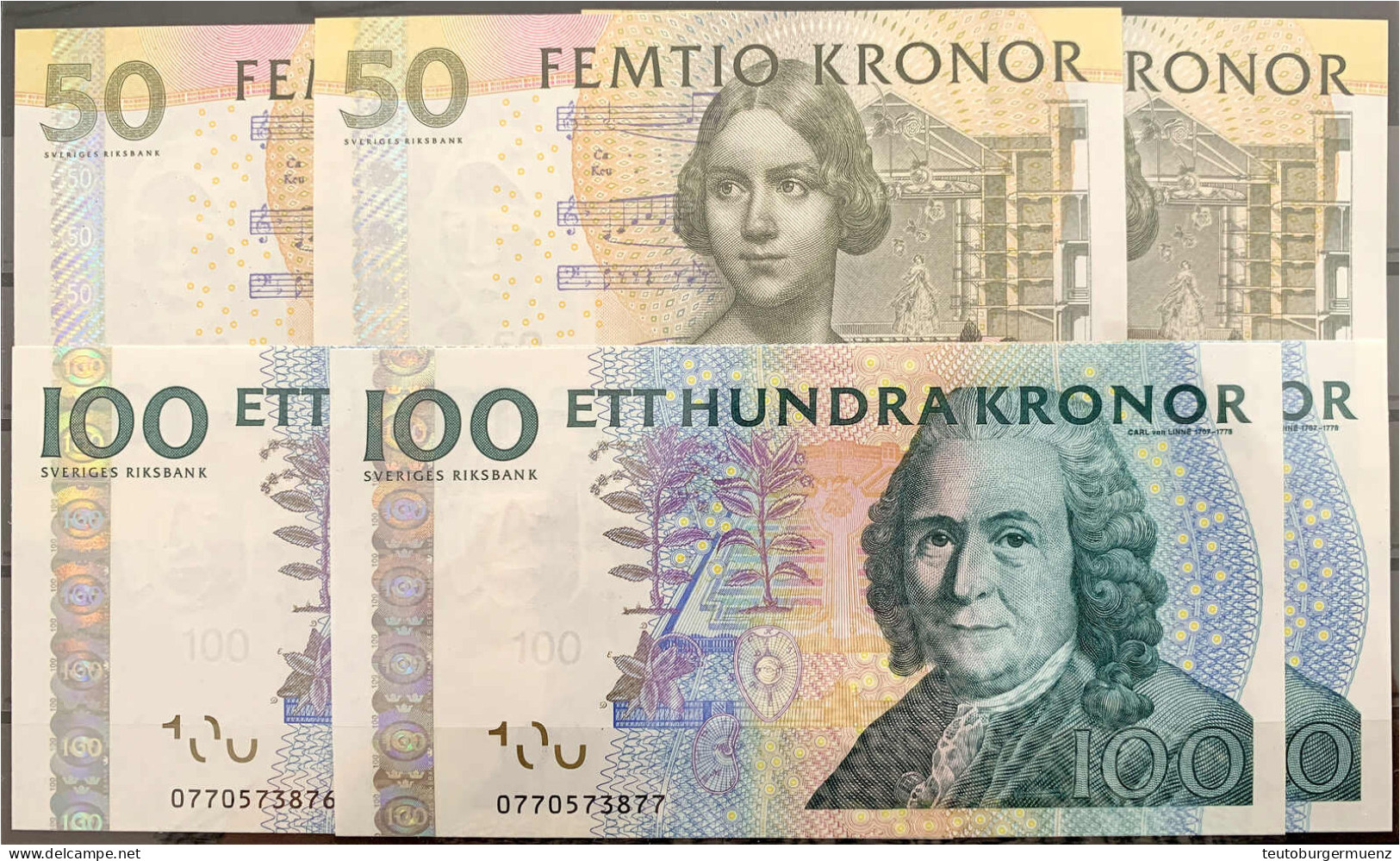 3x 50 U. 3x 100 Kroner O.D. Teilweise Folge KN. I Bis I-, UNC. Pick 64, 65. - Svezia