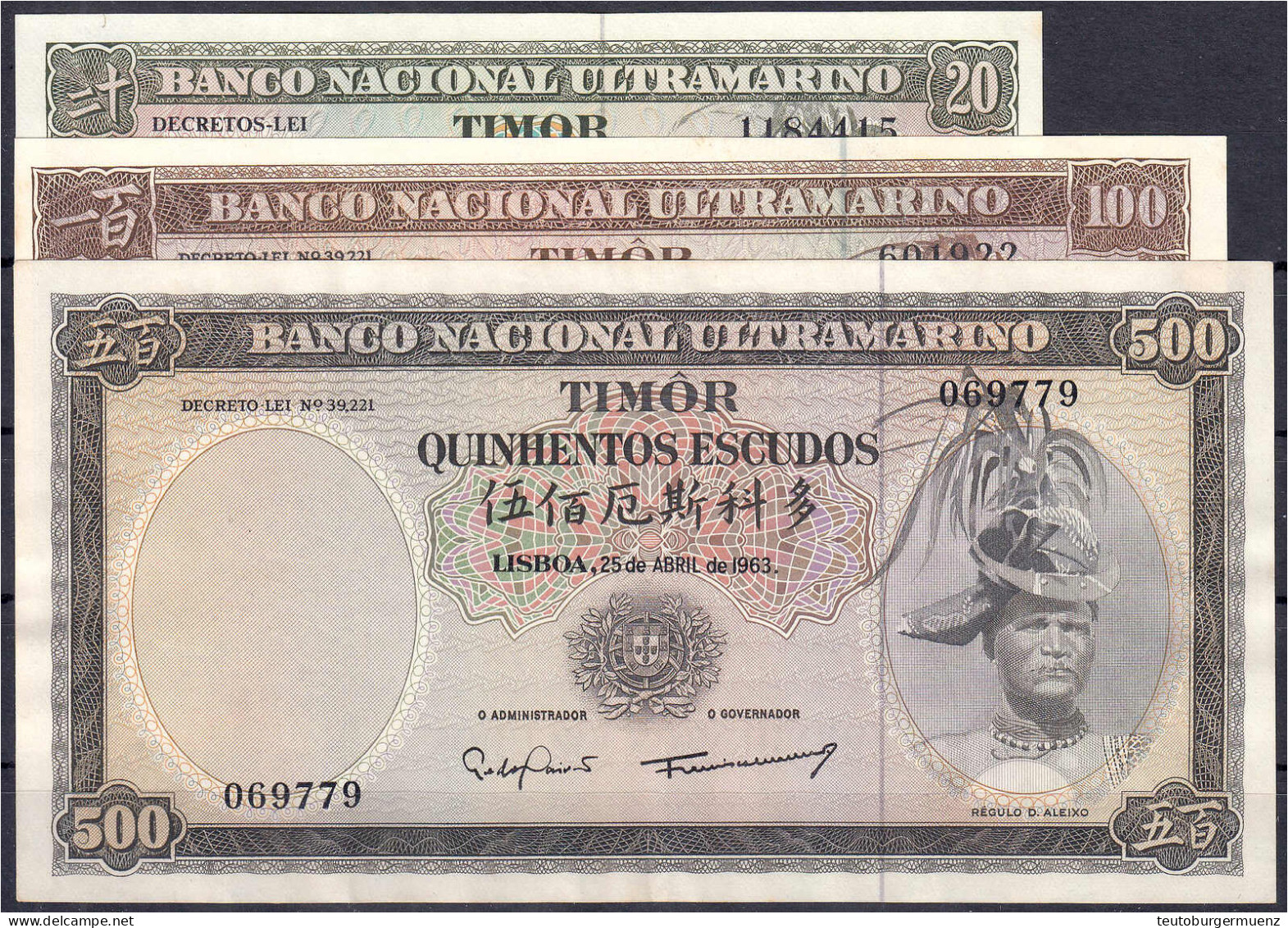 Banco Nacional Ultramarino, 20, 100 U. 500 Escudos 1963-1967. I-II, Leicht Stockfleckig Und Wellig. Pick 26, 28, 29. - Timor