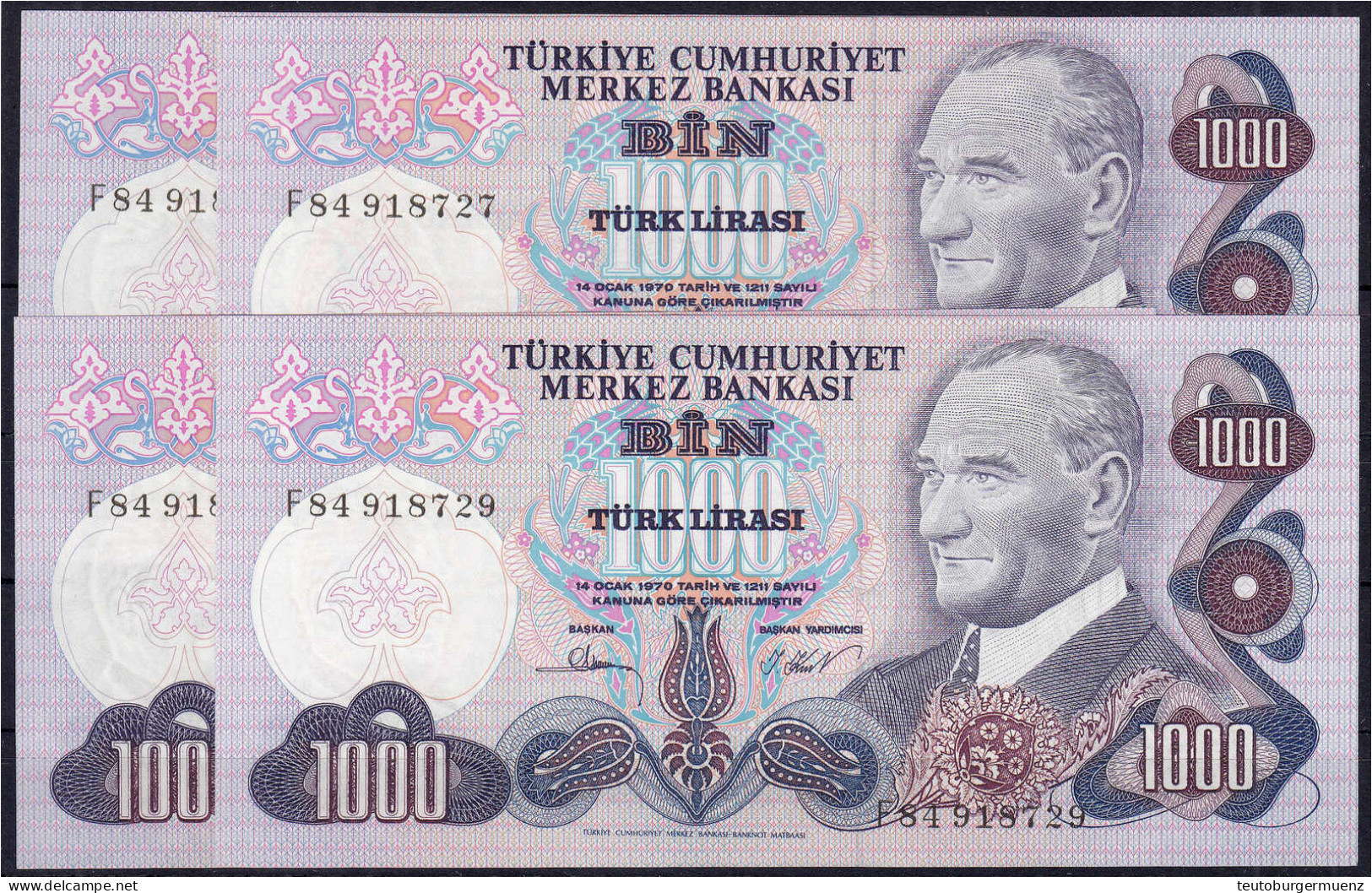 4x 1000 Lire 1970 (1.9.1971). Fortlaufende KN. F84918726 - F84918729. I. Pick 191. - Turchia