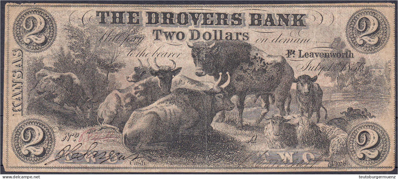 Fort Leavenworth Kansas, Drovers Bank, 2 Dollar 1.7.1856. III. Haxby G4a. - Andere & Zonder Classificatie
