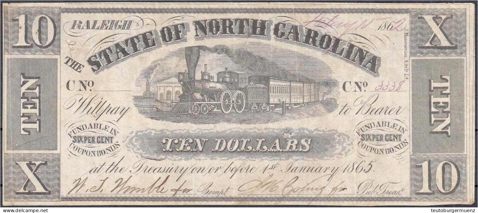 North Carolina, 10 Dollars 1862, Ohne Überdruck. III, Selten. Pick S2342a. - Sonstige & Ohne Zuordnung