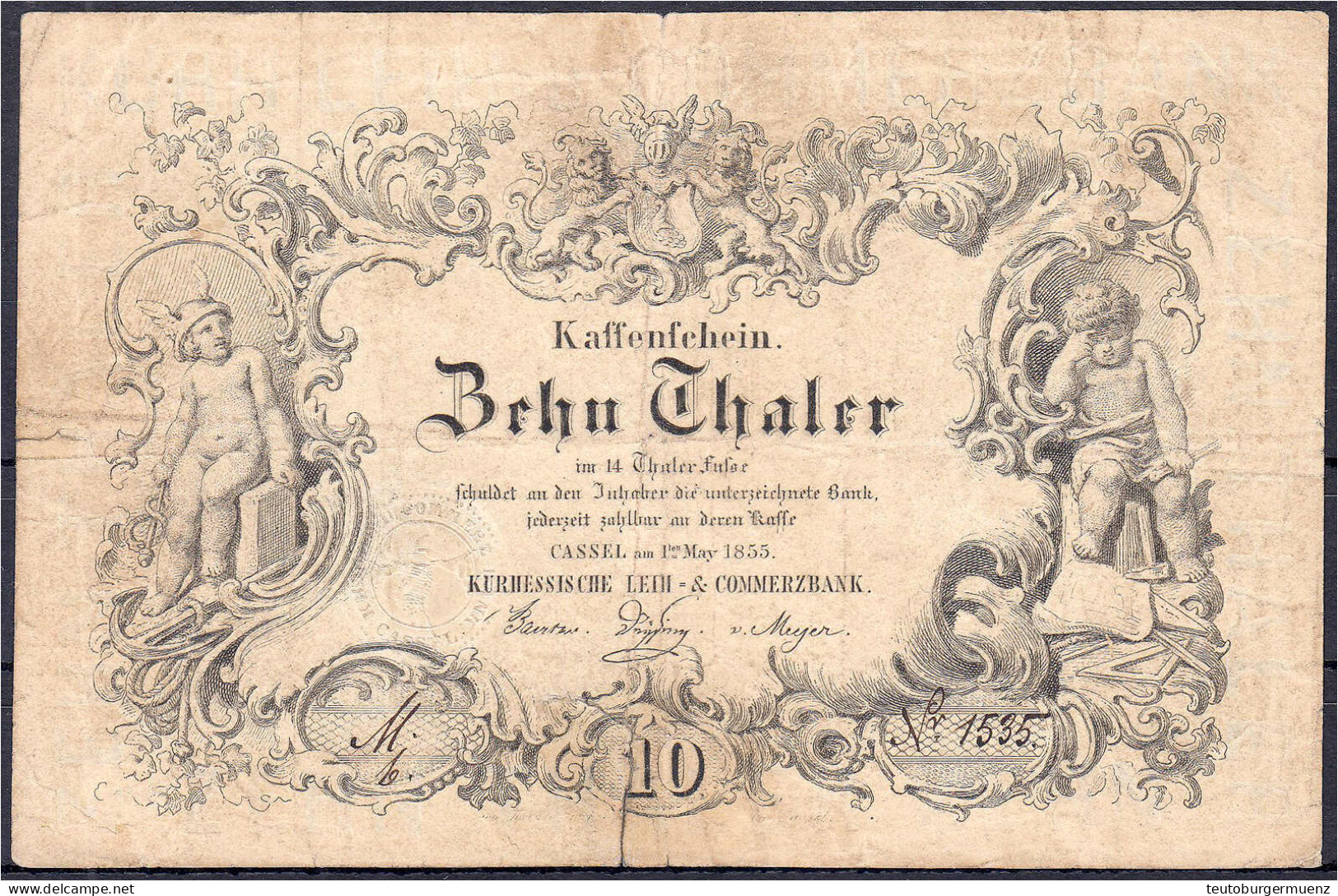 Kurhessische Leih- &amp; Commerzbank, 10 Thaler 1.5.1855 III- / IV+, Einriss U. Hinterklebt. Pick S307. Grabowski/Kranz  - [ 1] …-1871 : German States