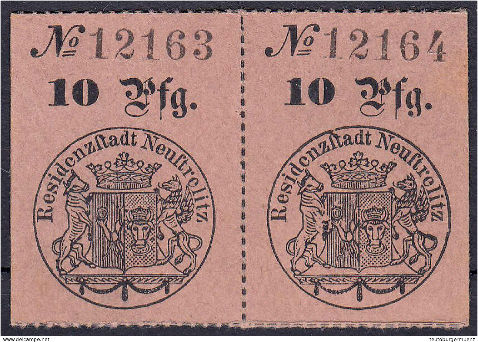 2x 10 Pfg. (zusammenhängend) Gutschein Der Residenzstadt Neustrelitz O.D. (28.6.1893). KN 5 Mm. Hoch. Ausgegeben Zur Gol - [ 1] …-1871 : German States