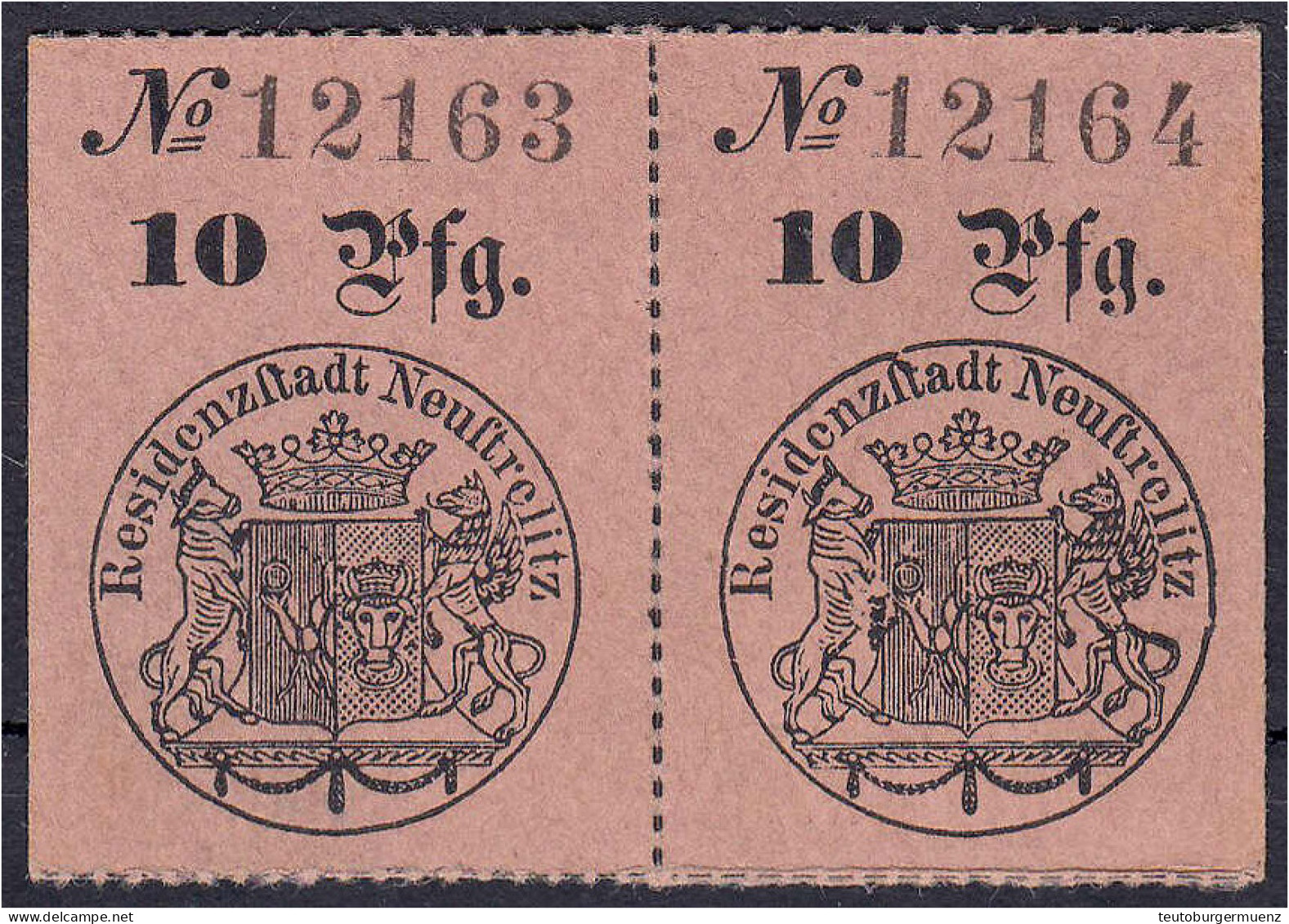 2x 10 Pfg. (zusammenhängend) Gutschein Der Residenzstadt Neustrelitz O.D. (28.6.1893). KN 5 Mm. Hoch. Ausgegeben Zur Gol - [ 1] …-1871 : Etats Allemands