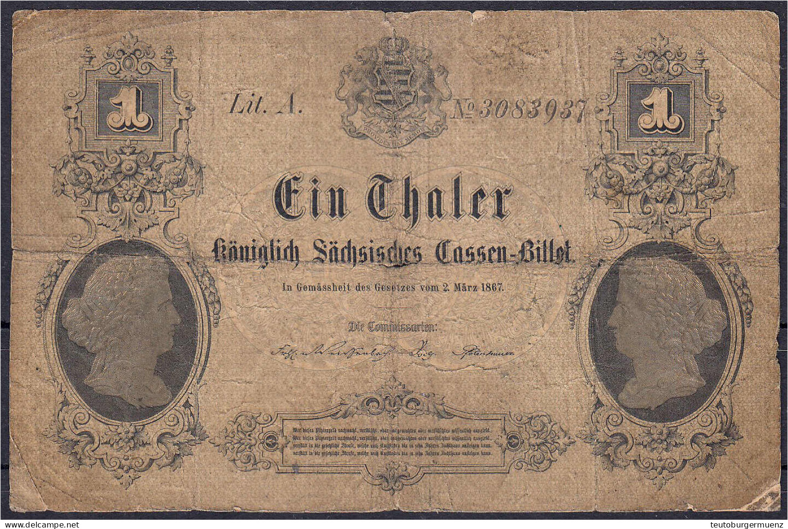 1 Thaler 2.3.1867. Königlich Sächsische Cassenbillets 1818 - 1867. Lit. A. IV. Pick S629. Grabowski/Kranz 462. - …-1871: Altdeutschland