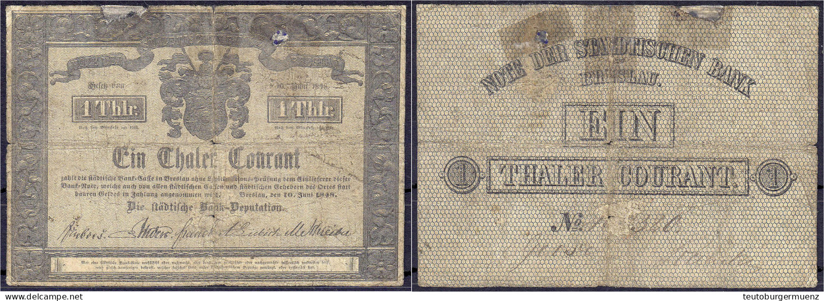 1 Thaler Courant 10.6.1848 Städtische Bank Zu Breslau. IV-, Teils Hinterklebt, äußerst Selten. Pick S466. Grabowski/Kran - …-1871: Altdeutschland