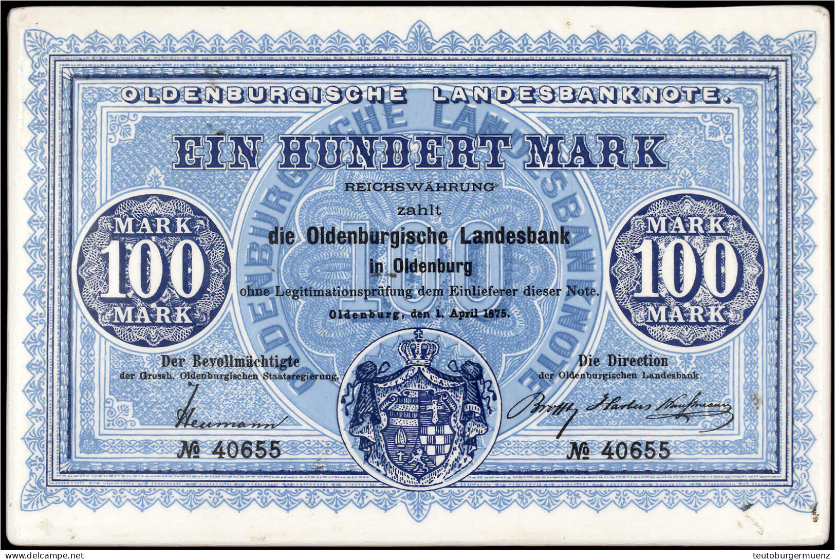 Fliese Mit Abbildung Des 100 Mark 1.4. 1875 Oldenburgische Landesbank. 158 X 104 Mm. Pick S381. Grabowski/Kranz 237. - [ 1] …-1871 : Etats Allemands