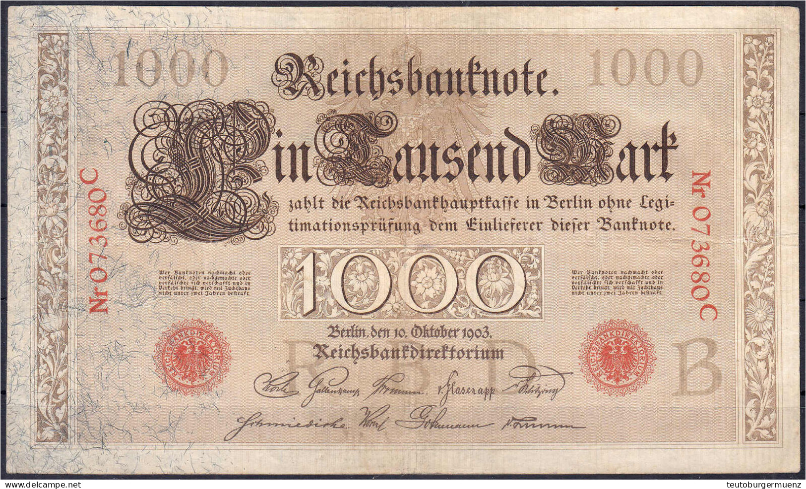 1000 Mark (Brauner Tausender) 10.10.1903. II- / III+, Selten. Rosenberg 21. Grabowski. Deu-19. Pick 23. - Altri & Non Classificati