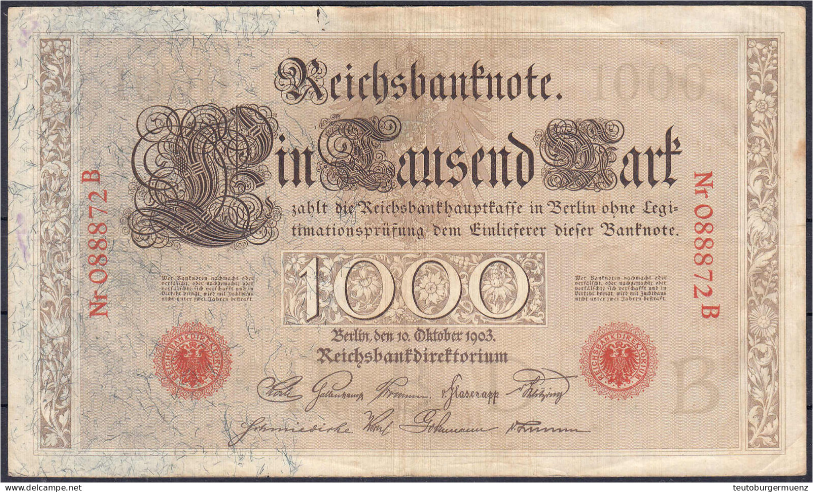 1000 Mark (Brauner Tausender) 10.10.1903. Udr.-Bst. B, Serie B. III, Selten. Rosenberg 21. Grabowski. Deu-19. Pick 23. - Andere & Zonder Classificatie