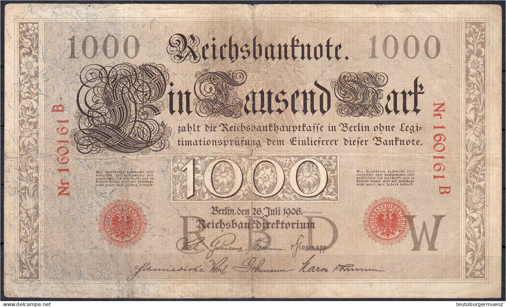 1000 Mark (Brauner Tausender) 26.7.1906. III, Selten. Rosenberg 26. Grabowski. Deu-24. Pick 27. - Autres & Non Classés