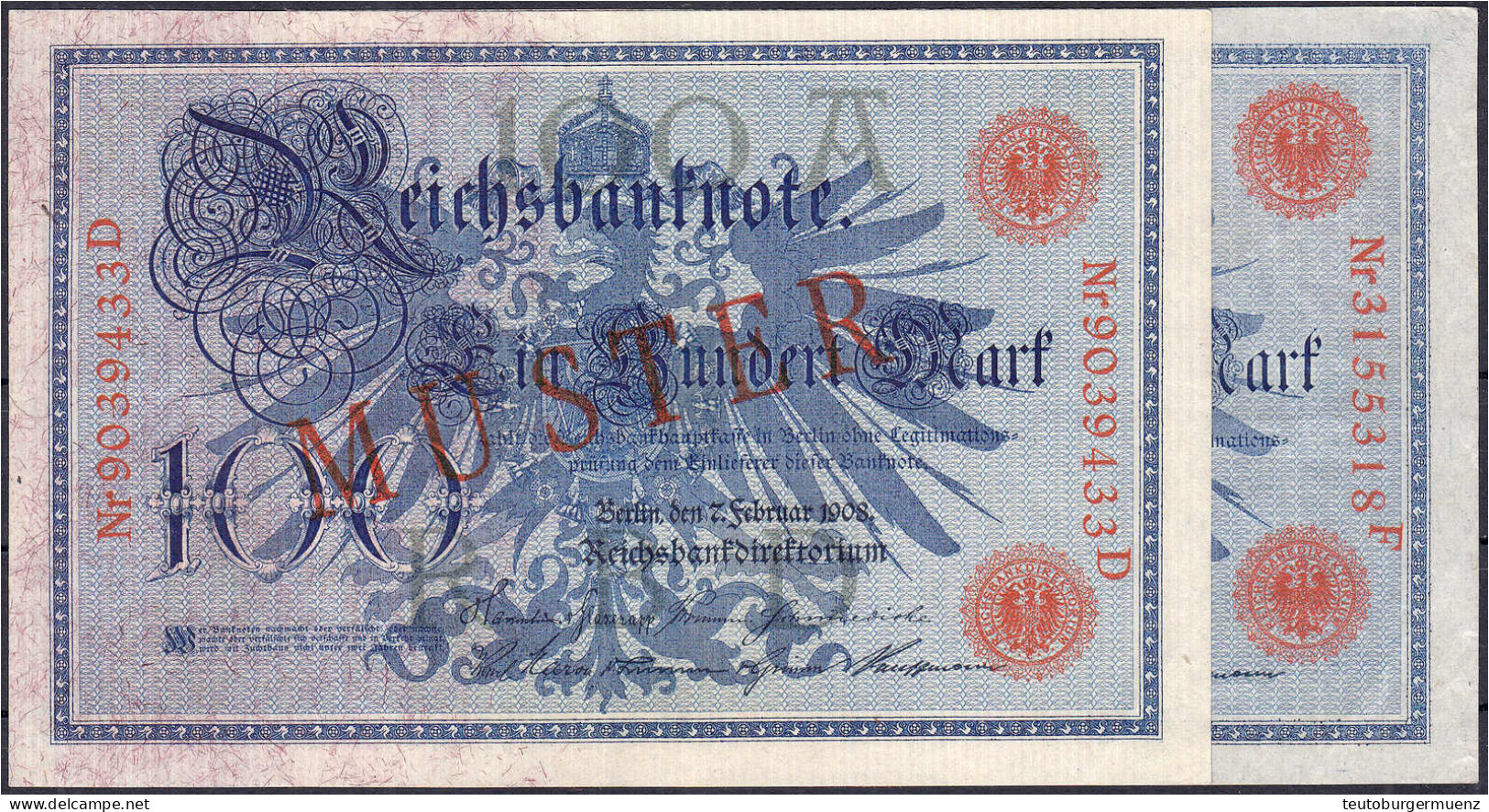 2x 100 Mark (Blauer Hunderter) 7.2.1908. Mit Rotaufdruck „Muster“ Auf Vs., Udr.-Bst.: A, Serie D Und D / F. (Schuster Sa - Autres & Non Classés