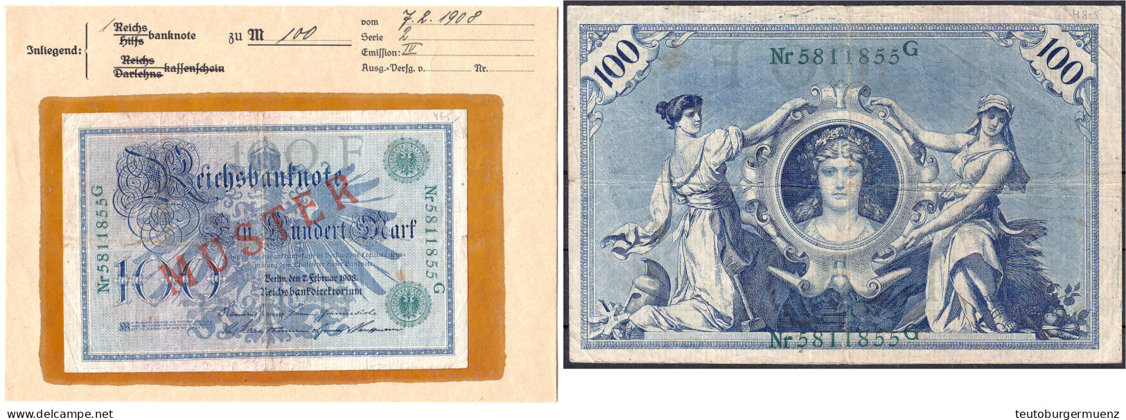 100 Mark (Blauer Hunderter) 7.2.1908. Mit Rotaufdruck „Muster“ Auf Vs. Und Rs., Udr.-Bst.: F, Serie G, Im Original Kasse - Sonstige & Ohne Zuordnung