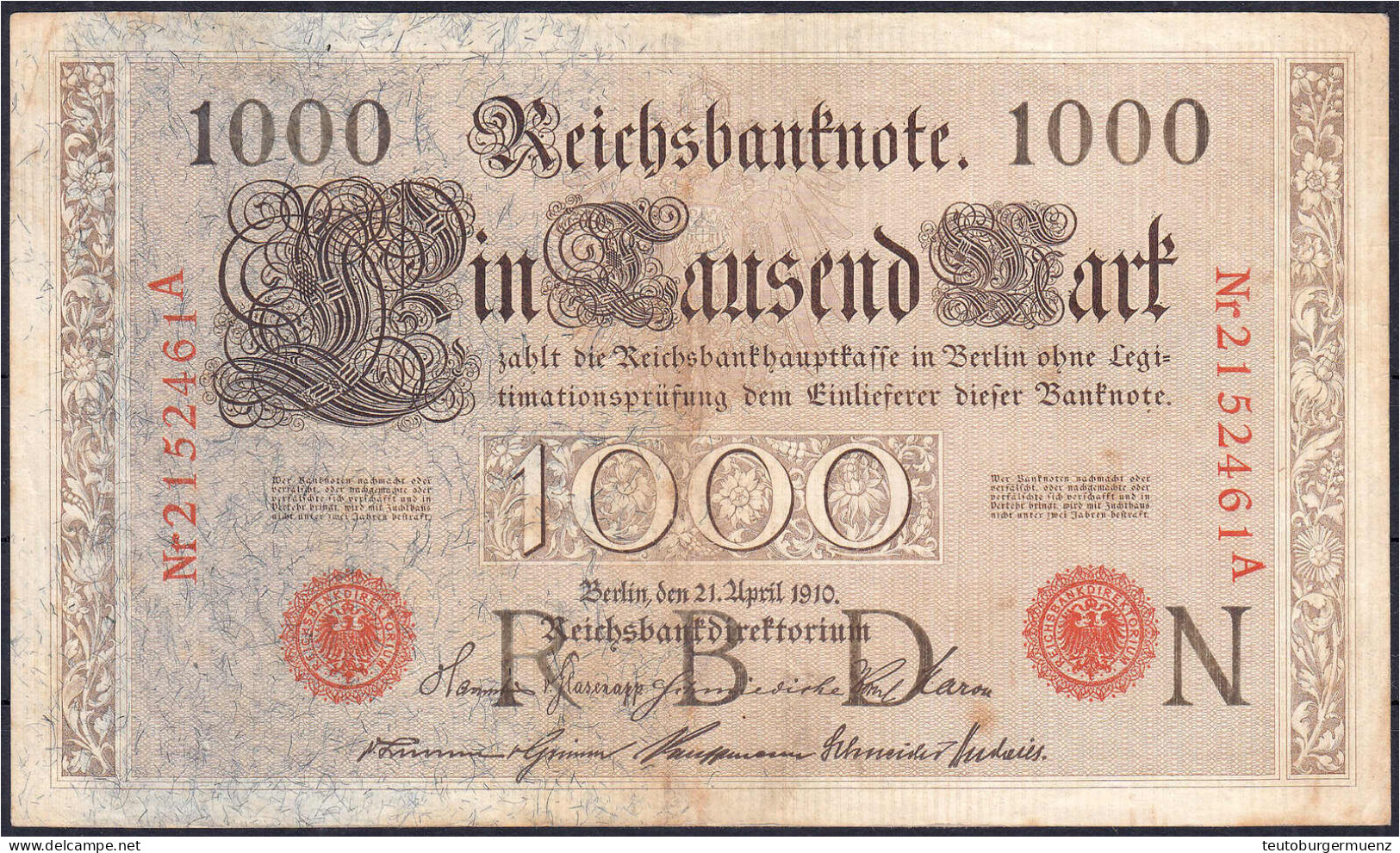 1000 Mark (Brauner Tausender) 21.4.1910. Unterdruck Auf Vs. Und Rs. Sehr Stark. II- Rosenberg 45b. Grabowski. Deu-40b. P - Altri & Non Classificati