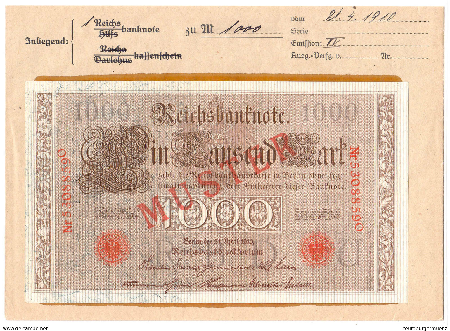 1000 Mark (Brauner Tausender) 21.4.1910. Mit Rotaufdruck „Muster“ Auf Vs., Udr.-Bst.: U, Serie O, Im Original Kassenkuve - Other & Unclassified