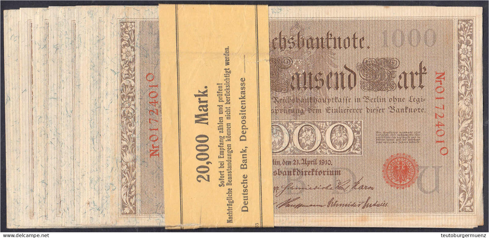 20x 1 Tsd. Mark (Brauner Tausender) 21.4.1910. Unzirkulierte Scheine In Original Banderole, Mit Fortlaufender KN. 017240 - Sonstige & Ohne Zuordnung