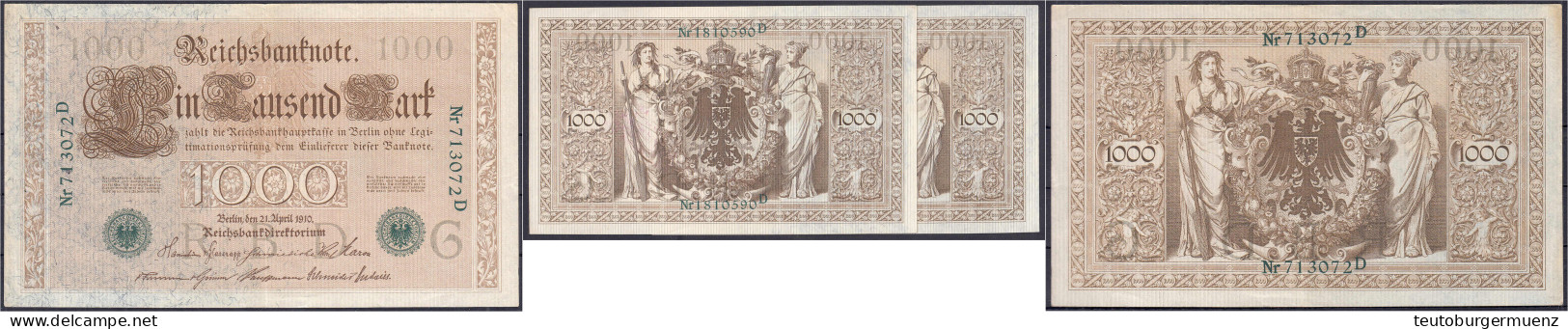 3x 1 Tsd. Mark (Brauner Tausender) 21.4.1910. 1x KN. 6-stellig Und 2x KN. 7-stellig Und Folge KN., Mit Rotem Zeilenstemp - Andere & Zonder Classificatie