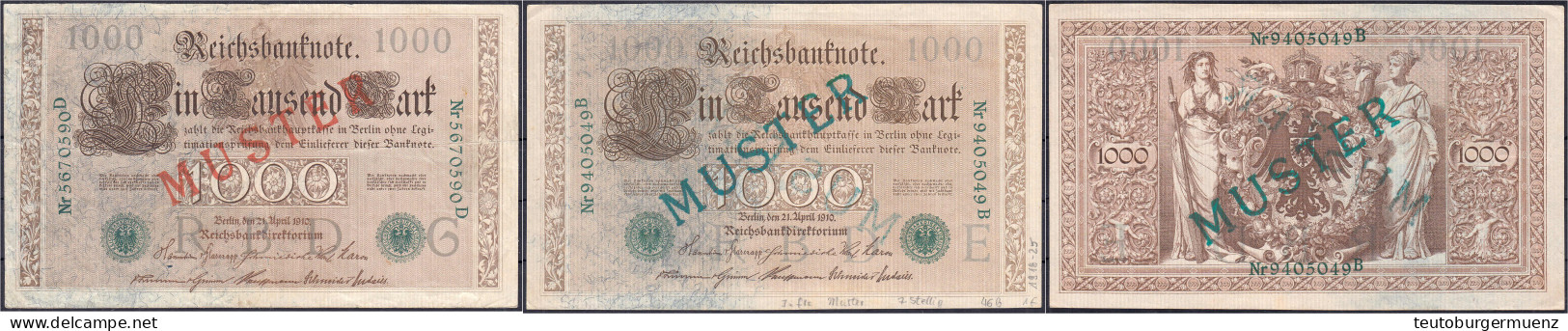 2x 1000 Mark (Brauner Tausender) 21.4.1910. Mit 1x Mit Grünaufdruck „Muster“ Auf Vs. Und Rs. Und 1x Mit Rotaufdruck „Mus - Other & Unclassified