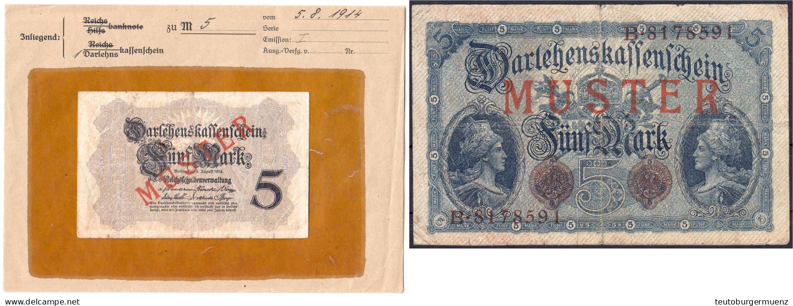 5 Mark 5.8.1914. Mit Rotaufdruck „Muster“ Auf Vs. Und Rs., KN. 7-stellig, Serie B, Im Original Kassenkuvert Der Reichsba - Sonstige & Ohne Zuordnung