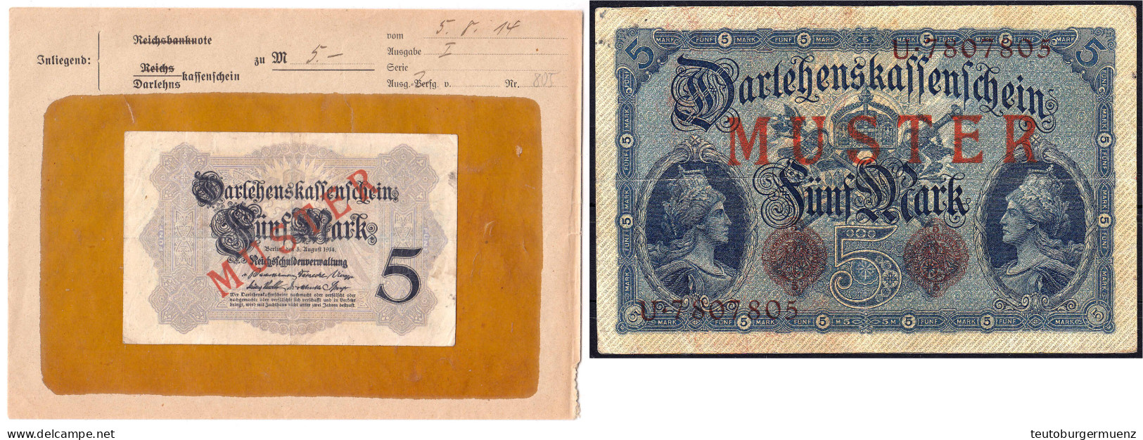 5 Mark 5.8.1914. Mit Rotaufdruck „Muster“ Auf Vs. Und Rs., KN. 7-stellig, Serie U, Im Original Kassenkuvert Der Reichsba - Autres & Non Classés