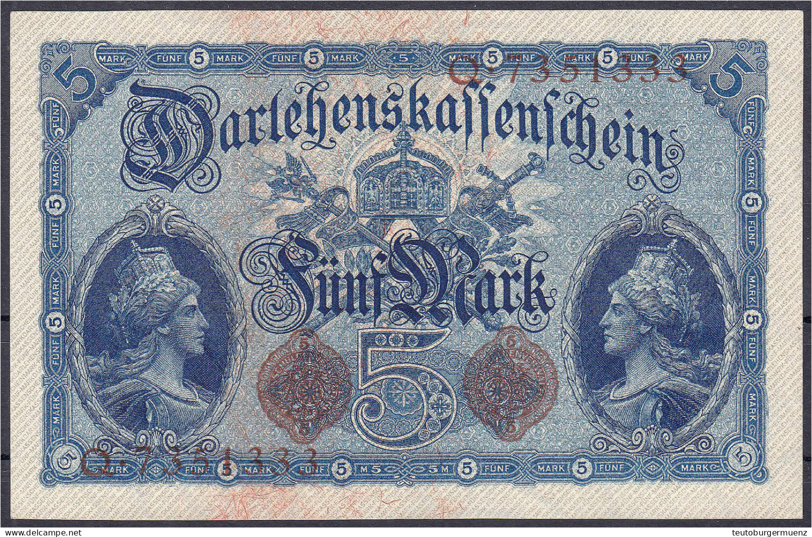 5 Mark 5.8.1914. KN. 7-stellig, Serie Q. I. Rosenberg 48b. Grabowski. Deu-54b. Pick 47. - Sonstige & Ohne Zuordnung