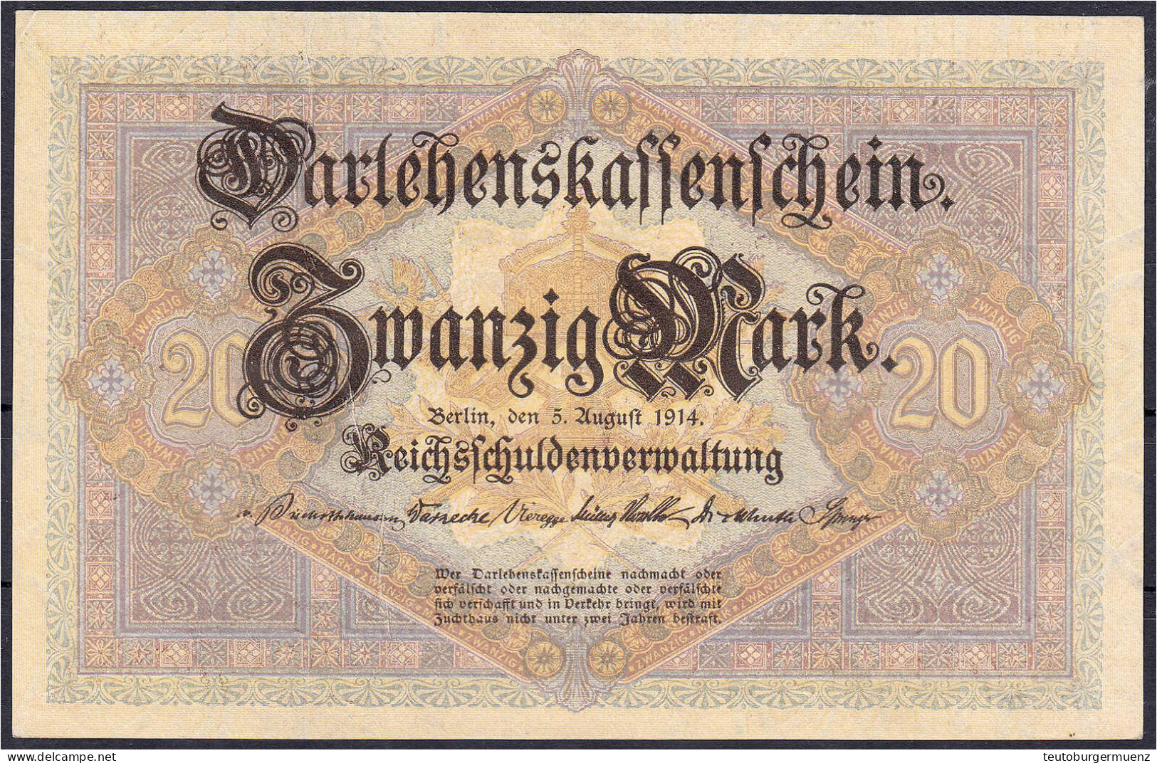 20 Mark 5.8.1914. KN. 7-stellig, Serie G. I. Rosenberg 49b. Grabowski. Deu-55b. Pick 48. - Sonstige & Ohne Zuordnung