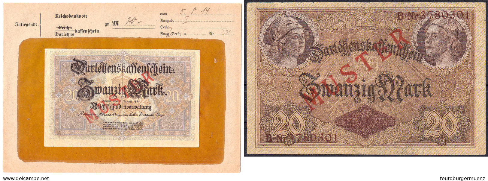 20 Mark 5.8.1914. Mit Rotaufdruck „Muster“ Auf Vs. Und Rs., KN. 7-stellig, Serie B, Im Original Kassenkuvert Der Reichsb - Altri & Non Classificati