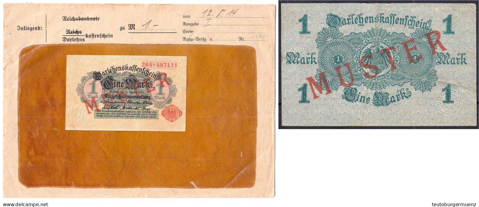 1 Mark 12.8.1914. Mit Rotaufdruck „Muster“ Auf Vs. Und Rs., KN. 6-stellig, Serie 266, Im Original Kassenkuvert Der Reich - Autres & Non Classés