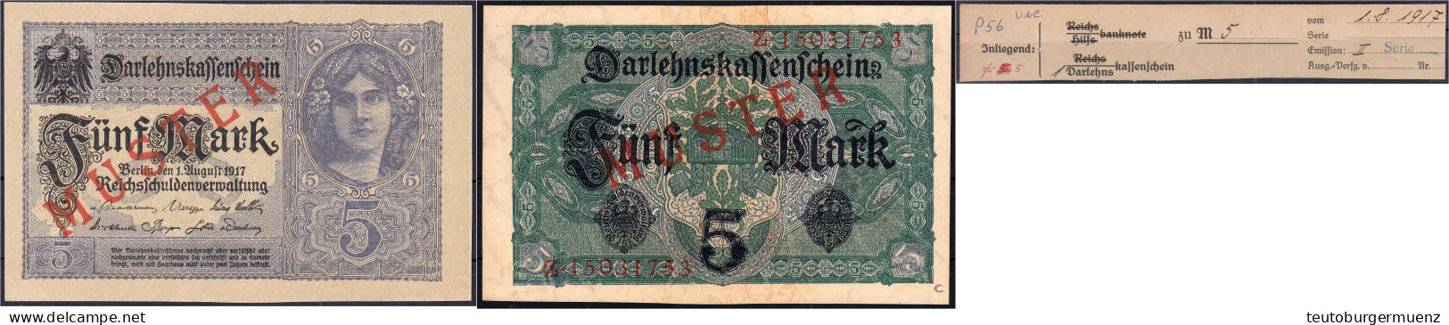 5 Mark 1.8.1917. Mit Rotaufdruck „Muster“ Auf Vs. Und Rs., KN. 8-stellig, Serie Z. I. Rosenberg 54c. Grabowski. Deu-61b. - Sonstige & Ohne Zuordnung