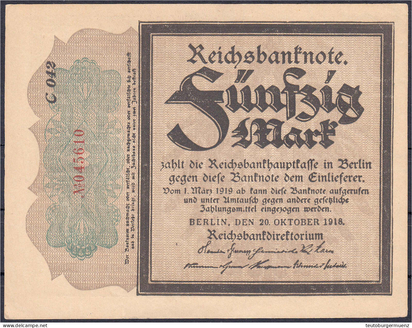50 Mark Tauerschein 20.10.1918. KN. 6-stellig, Wz. Diagonale Wellenlinien. I- / II+ Rosenberg 56c. Grabowski. DEU-44c. P - Sonstige & Ohne Zuordnung