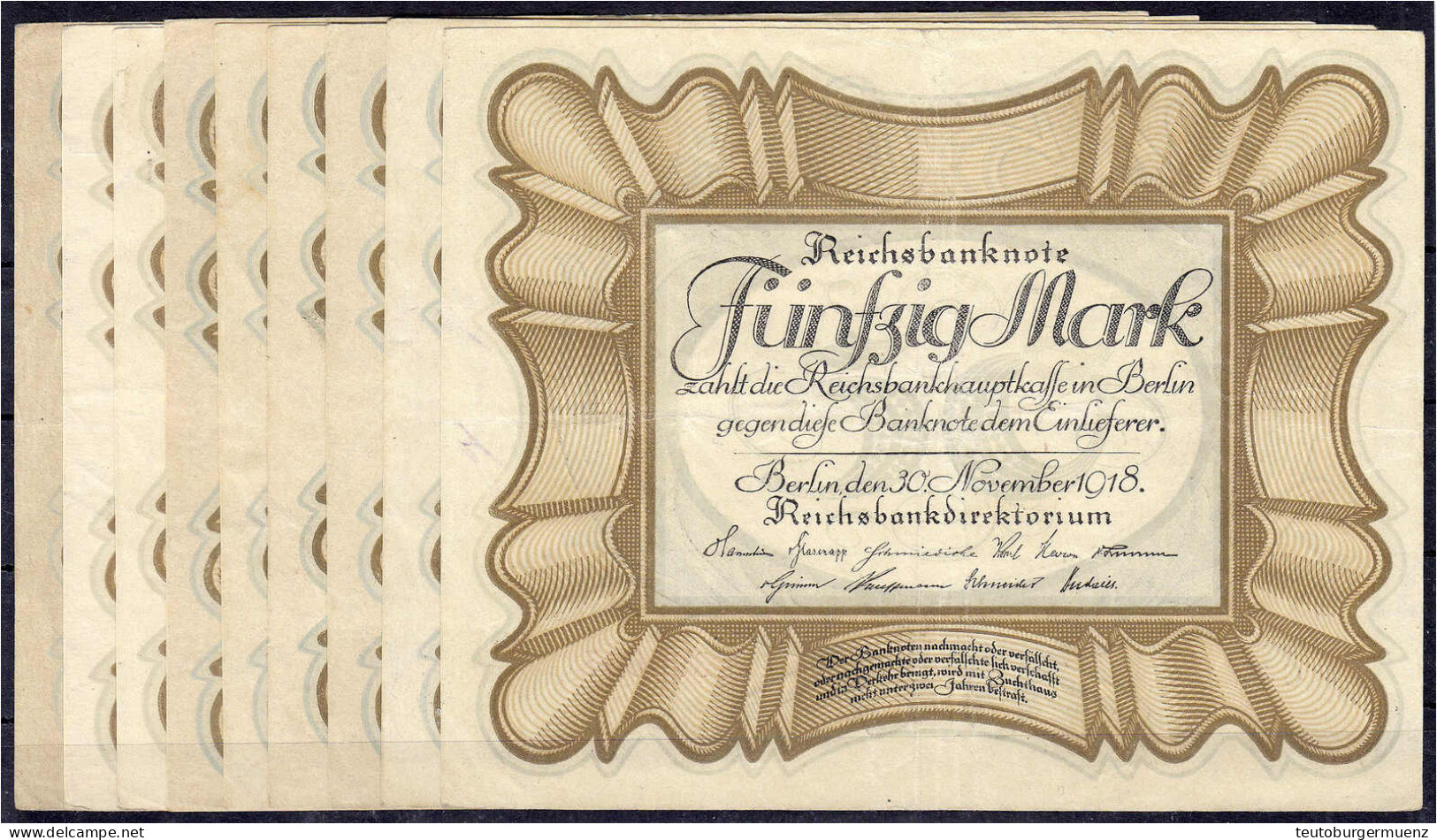 9x 50 Mark (Eierschein) 30.11.1918. III. Rosenberg 57. - Sonstige & Ohne Zuordnung