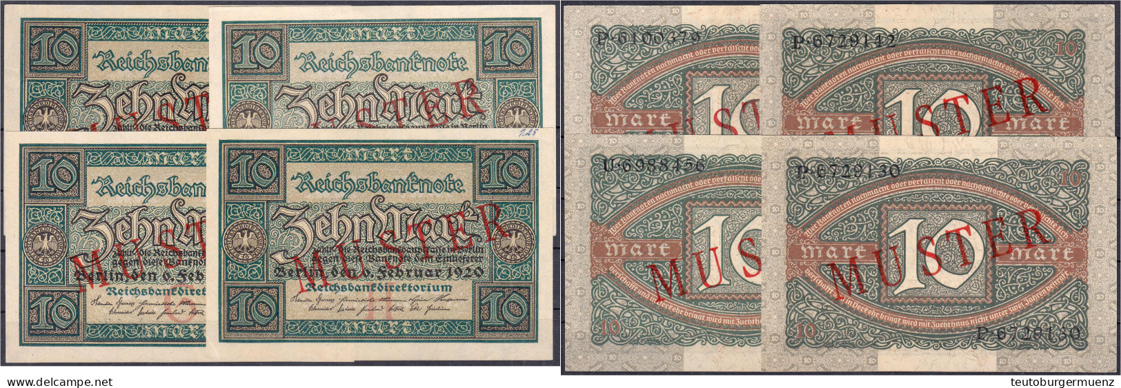 4x 10 Mark 6.2.1920. Mit Rotaufdruck „Muster“ Auf Vs. Und Rs., KN. 7-stellig, Udr.-Bst: 3x G, Serie P Und H /U. (Schuste - Autres & Non Classés