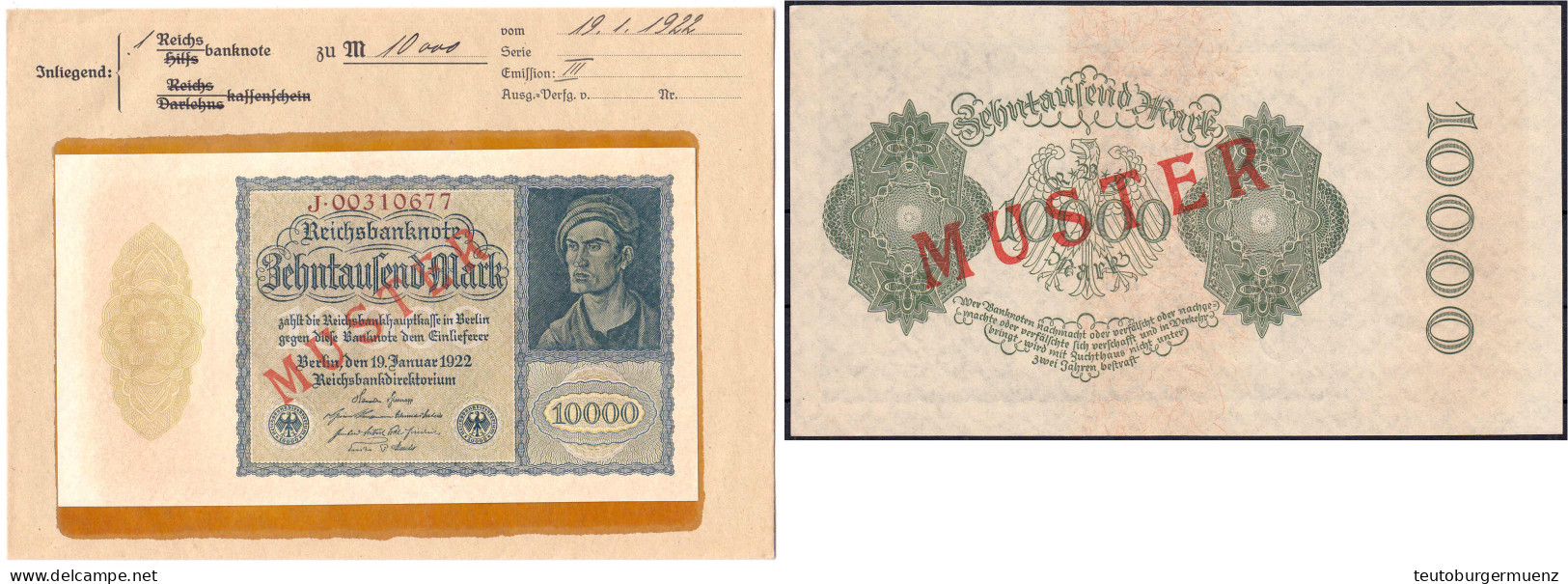 10000 Mark 19.1.1922. Mit Rotaufdruck „Muster“ Auf Vs. Und Rs., Serie J, Im Original Kassenkuvert Der Reichsbank. I-, Fa - Other & Unclassified