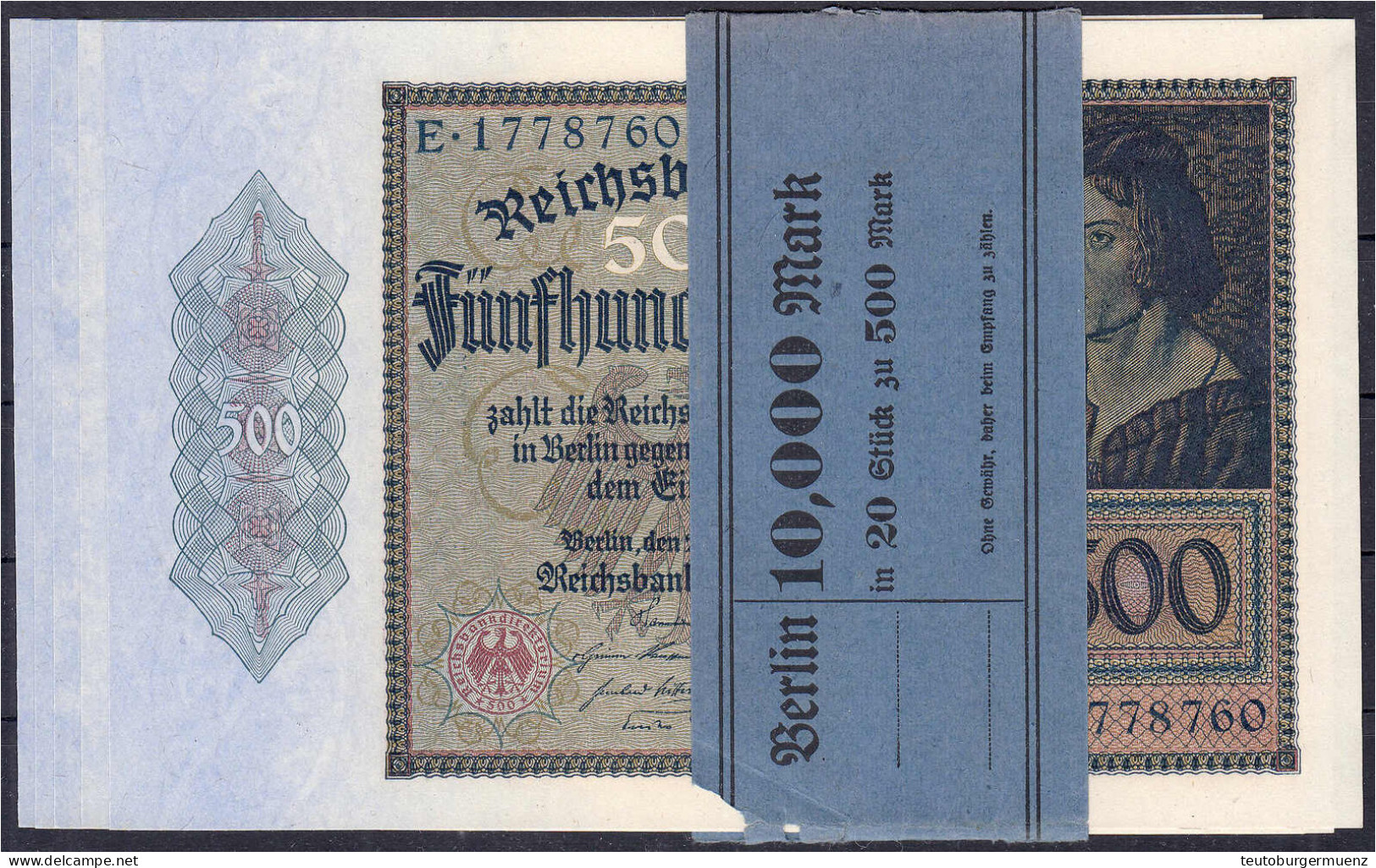 5x 500 Mark 27.3.1922. Udr.-Bst. A, Serie E, Fortlaufende KN. 1778756 - 1778760, Mit Original Banderole. I. Rosenberg 70 - Sonstige & Ohne Zuordnung