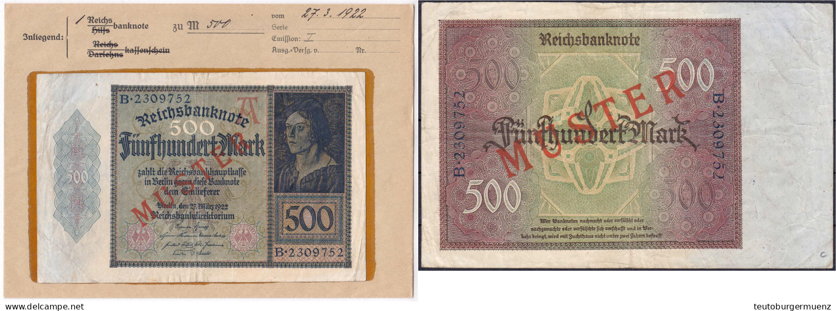 500 Mark 27.3.1922. Mit Rotaufdruck „Muster“ Auf Vs. Und Rs., Serie B, Im Original Kassenkuvert Der Reichsbank. III-, Fa - Sonstige & Ohne Zuordnung