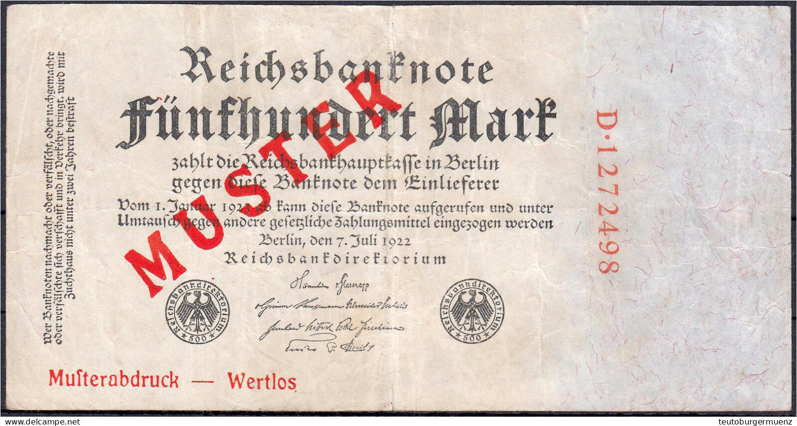 500 Mark 7.7.1922 - 1.1.1923. Mit Rotaufdruck „Muster“ Und „Musterabdruck - Wertlos“ Auf Vs., Serie D. III. Rosenberg 71 - Other & Unclassified